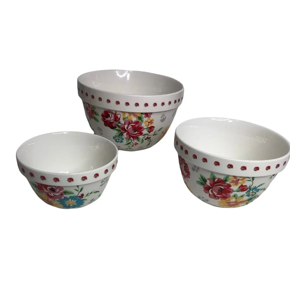 Grace's Pantry Set 3 Nesting Bowls White Floral Spring Flowers‎ Pink Blue